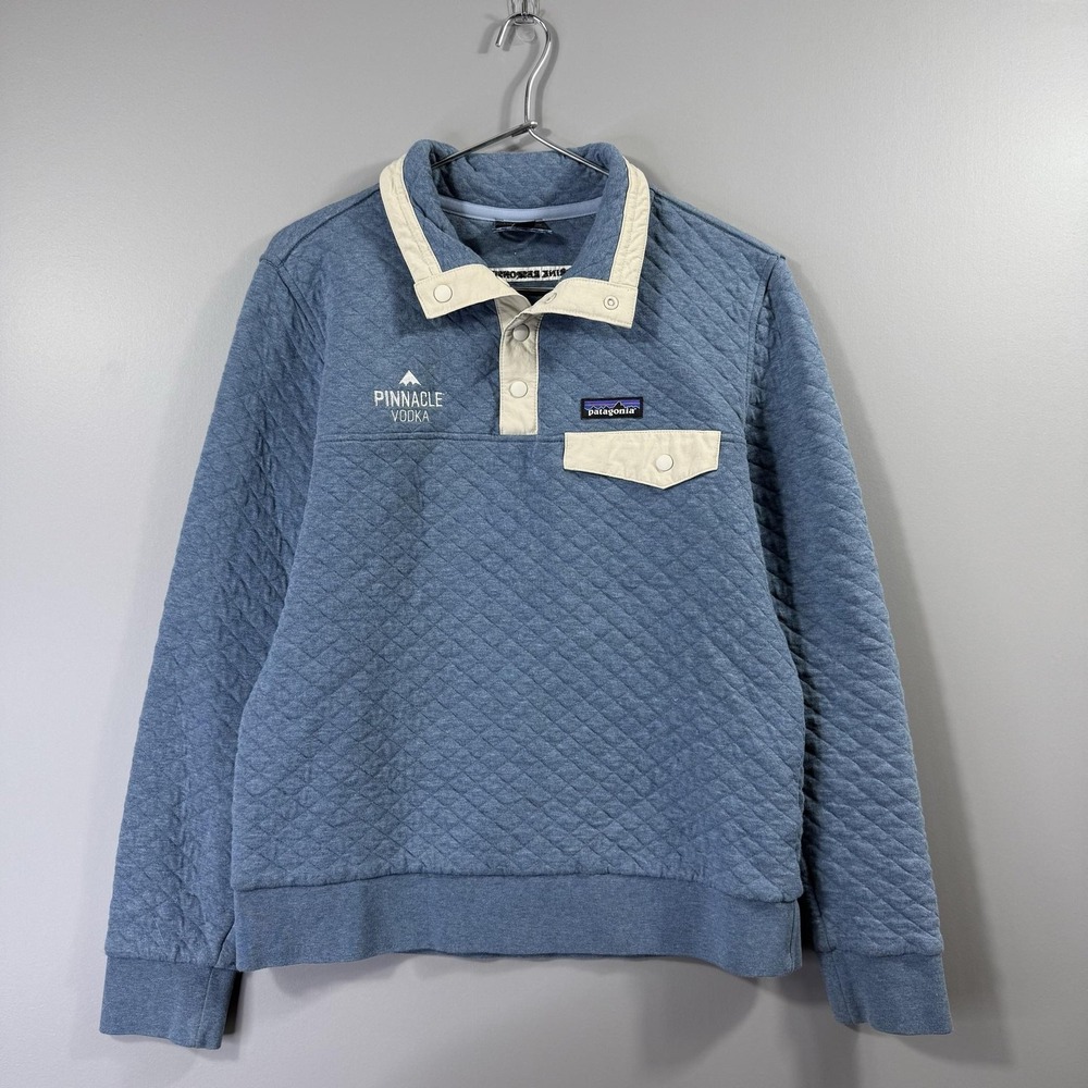 Patagonia Sweatshirt Womens Small Blue Quilted Snap Front Pinnacle Vodka Logo